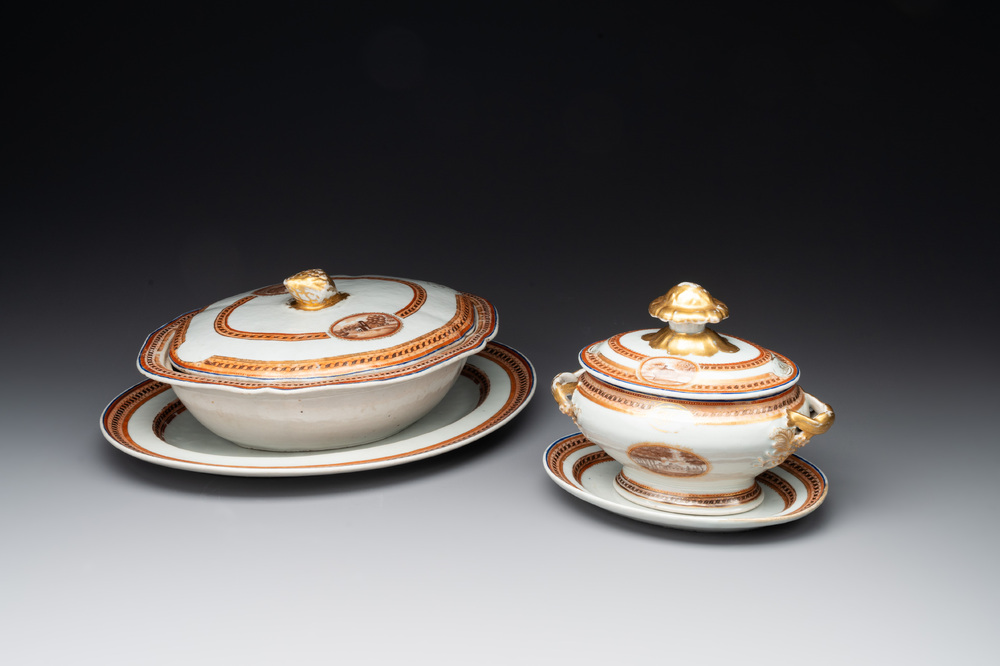 A pair of Chinese export 'EHA' monogrammed 'landscape' tureens, covers and stands, Jiaqing, ca. 1800