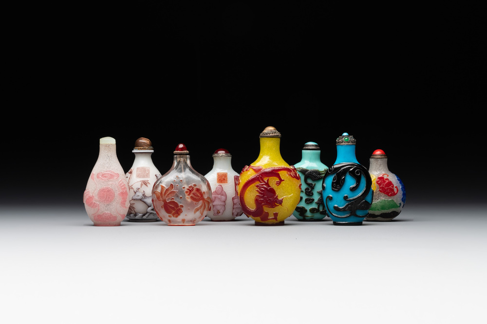 Eight Chinese Peking glass snuff bottles, Qianlong mark, 19/20th C.