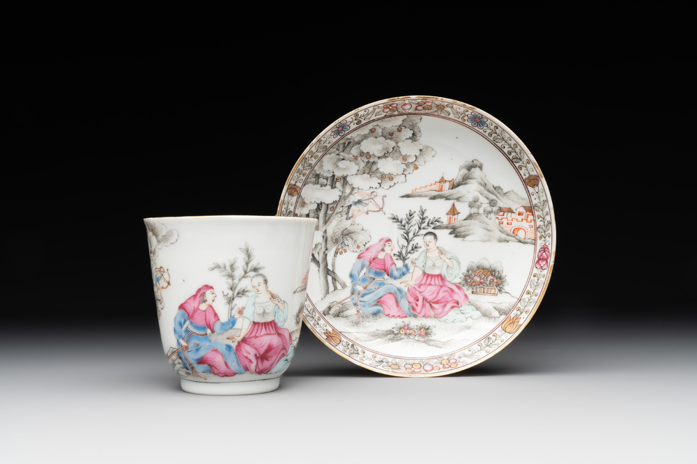 A Chinese famille rose 'erotic subject' cup and saucer, Yongzheng/Qianlong