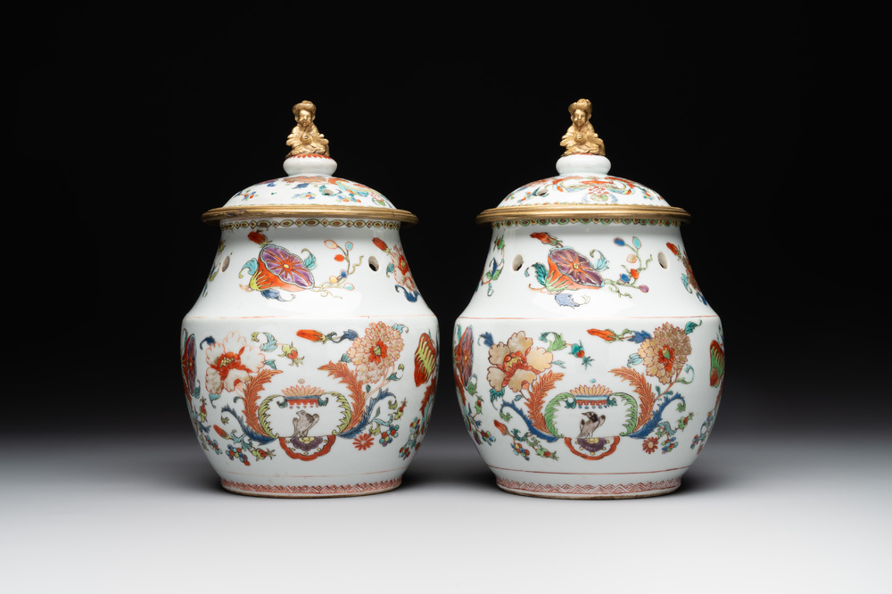 A pair of Chinese famille rose 'Madame de Pompadour' pot-pourri jars with bronze-mounted covers, Qianlong, ca. 1745
