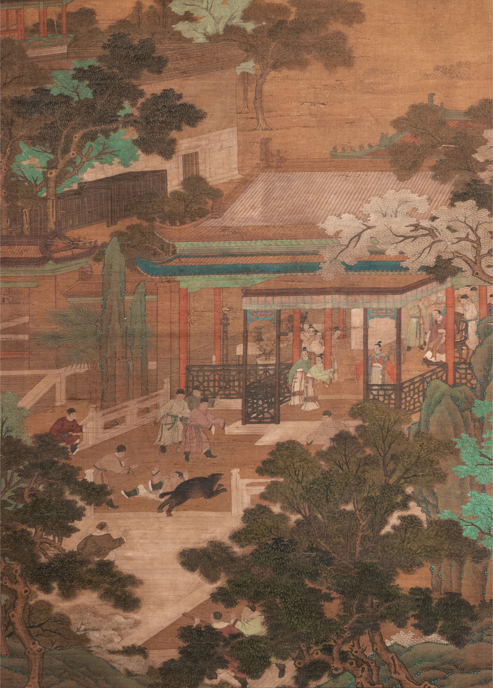Chinese school: 'A bear breaks into the palace', ink and colour on silk, Qing