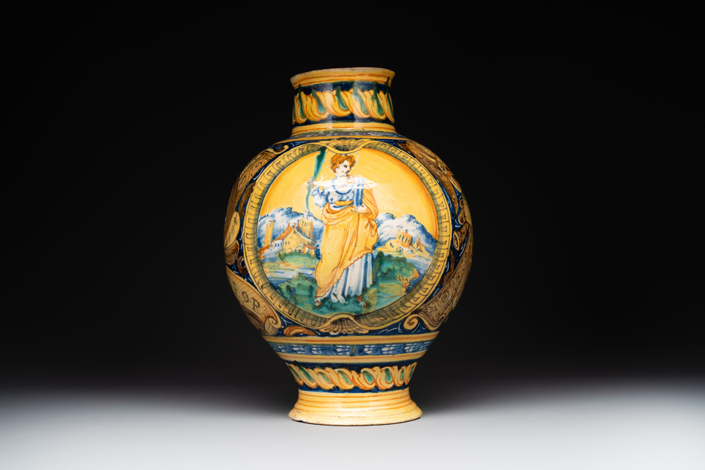A large Italian maiolica drug jar with trophies, Casteldurante, 2nd half 16th C.
