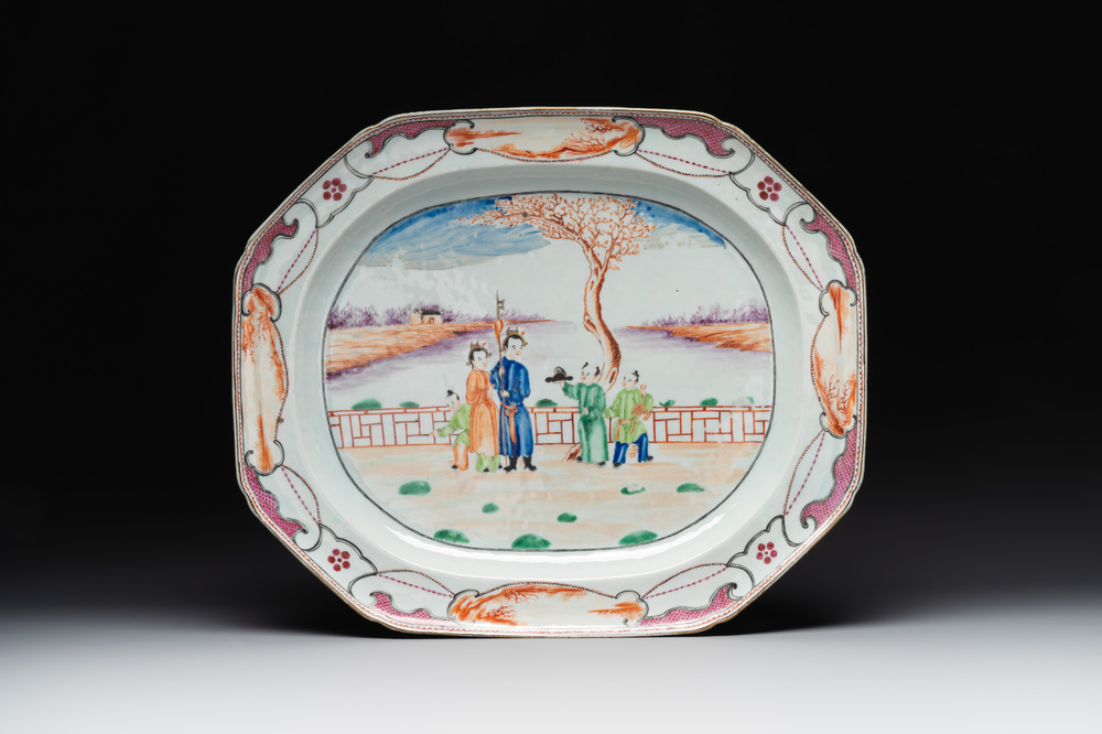 A very large Chinese famille rose octagonal dish with mandarin design, Qianlong