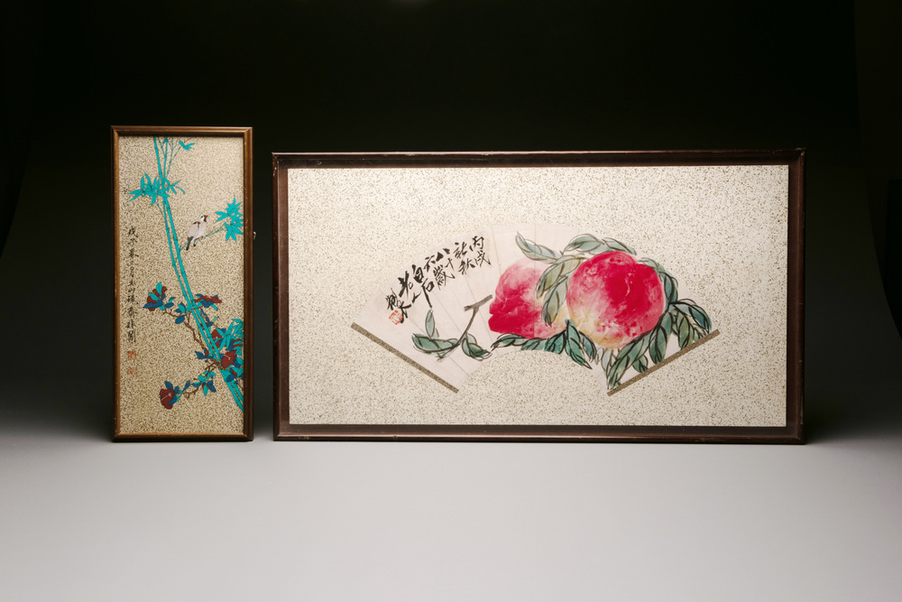 Qi Baishi 齊白石 (1864-1957) and Yu Feian 于非闇 (1889-1959): 'Peaches' and 'Birds on bamboo', ink and colour on paper and gold paper
