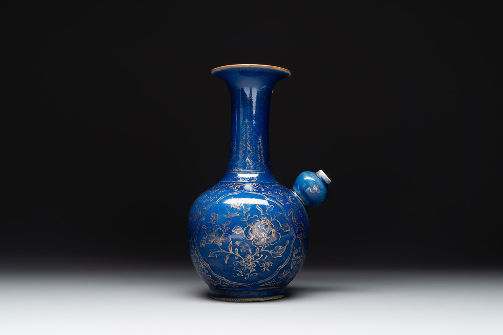 A Chinese gilt-decorated powder-blue kendi with floral design, Kangxi