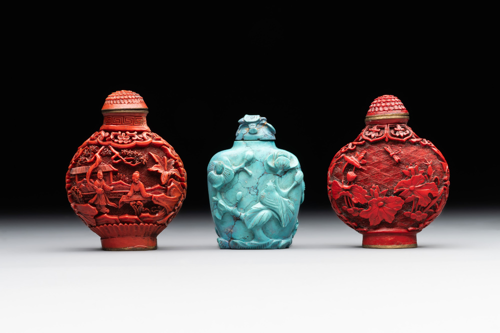 A Chinese carved turquoise snuff bottle and two red lacquer snuff bottles, Qianlong mark, 19/20th C.