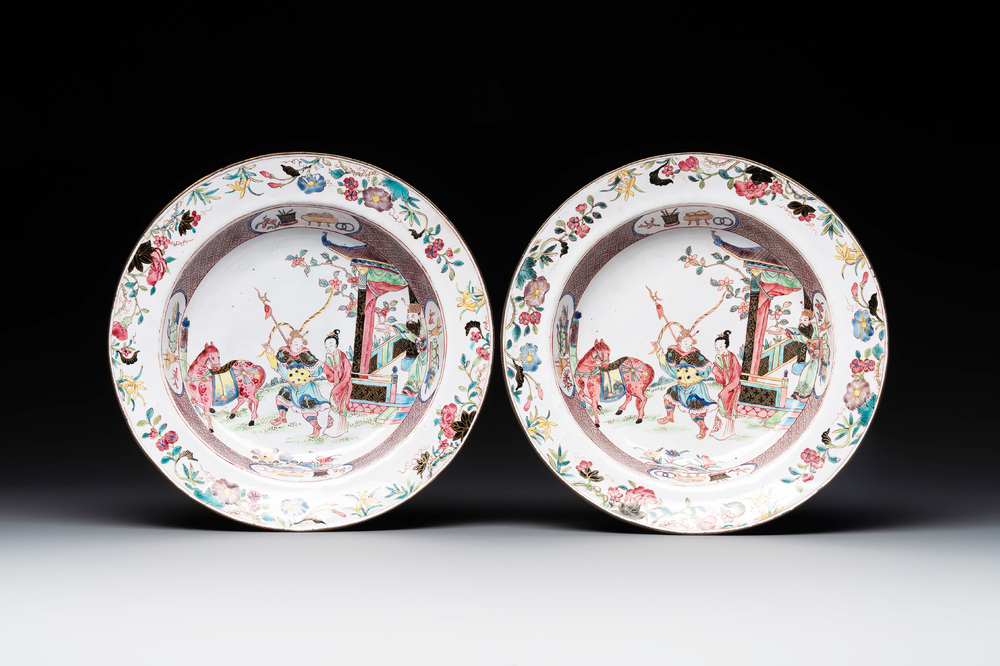 A pair of Chinese Canton enamel 'Fengyiting 鳳儀亭' plates, Yongzheng