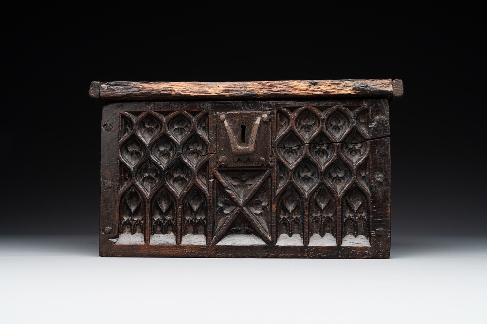 A Gothic wrought iron-mounted oak chest, probably France, 14/15th C.