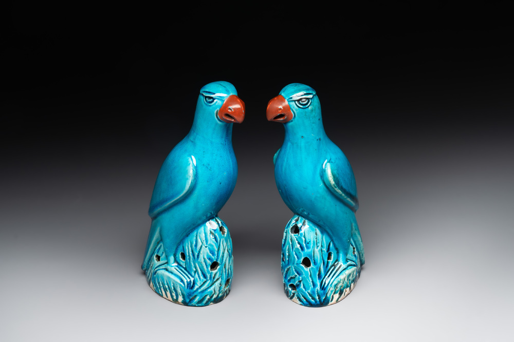 A pair of Chinese turquoise-glazed parrots, 19th C.