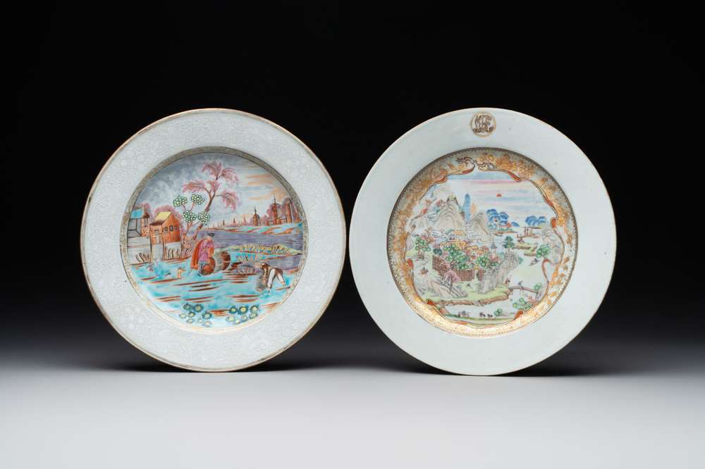 A Chinese famille rose Meissen-style plate and a monogrammed Canton famille rose plate, Qianlong