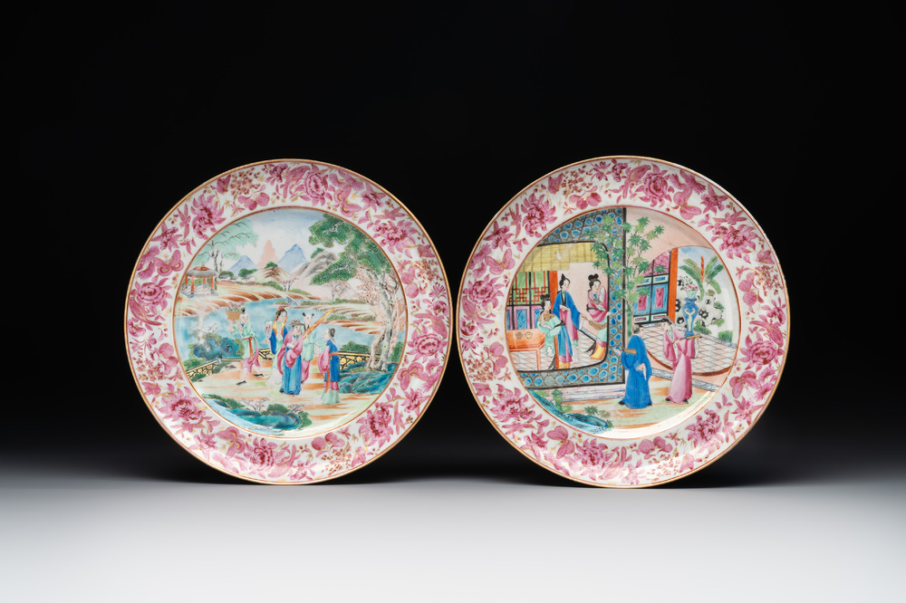 A pair of unusual and fine Chinese Canton famille rose dishes, 19th C.