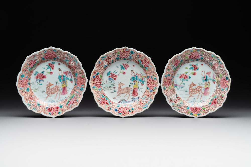 Three Chinese famille rose flower-shaped 'He Xiangu' plates, Yongzheng