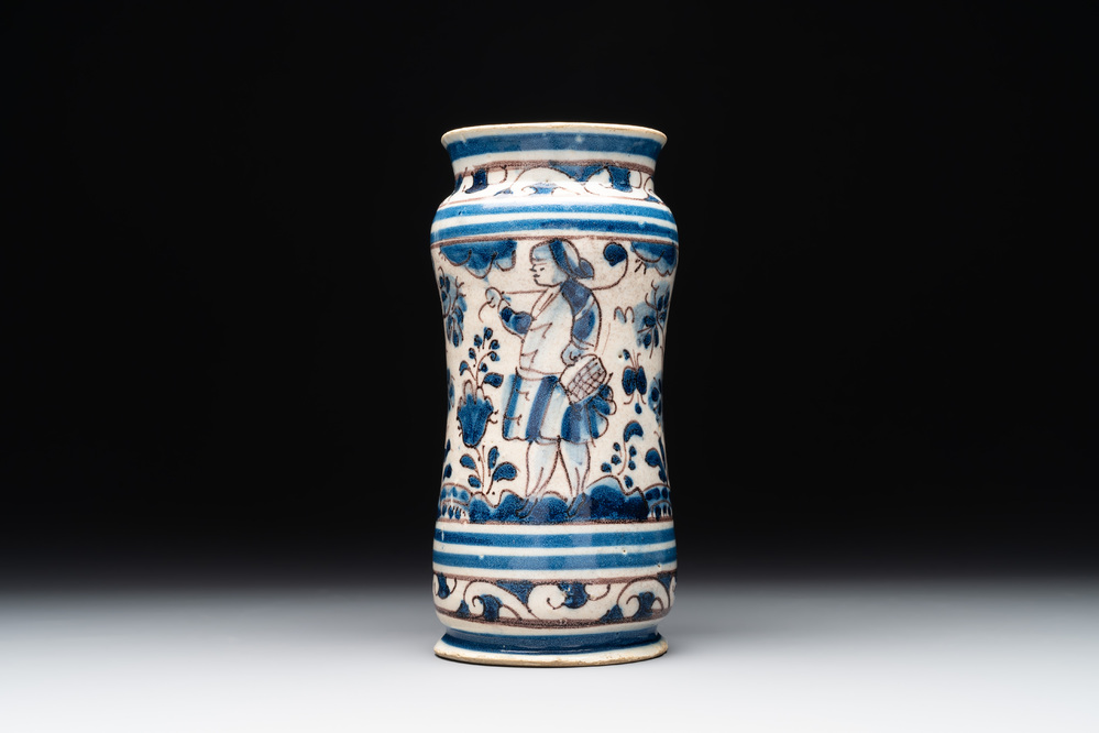 A blue, white and manganese Portuguese faience albarello, 17th C.