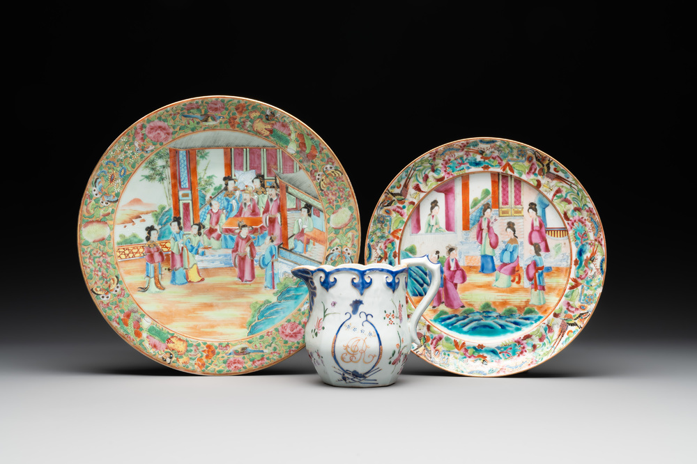 Two Chinese Canton famille rose plates and a ewer, 18/19th C.