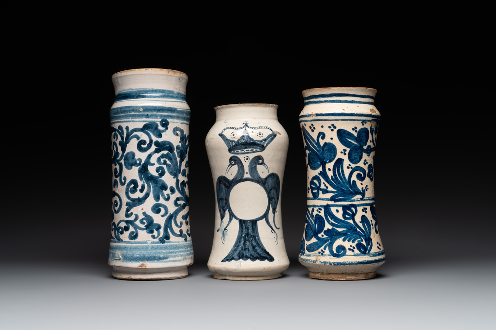 Three large blue and white pottery albarelli, Spain, 17th C.