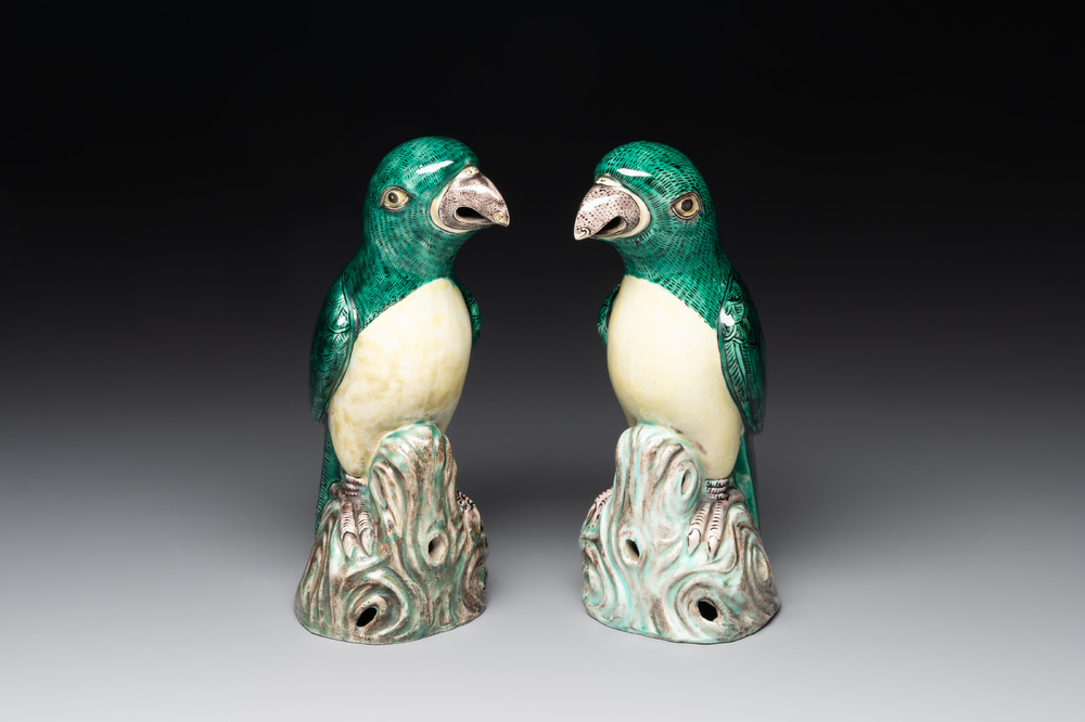 A pair of Chinese verte biscuit parrots, 19th C.