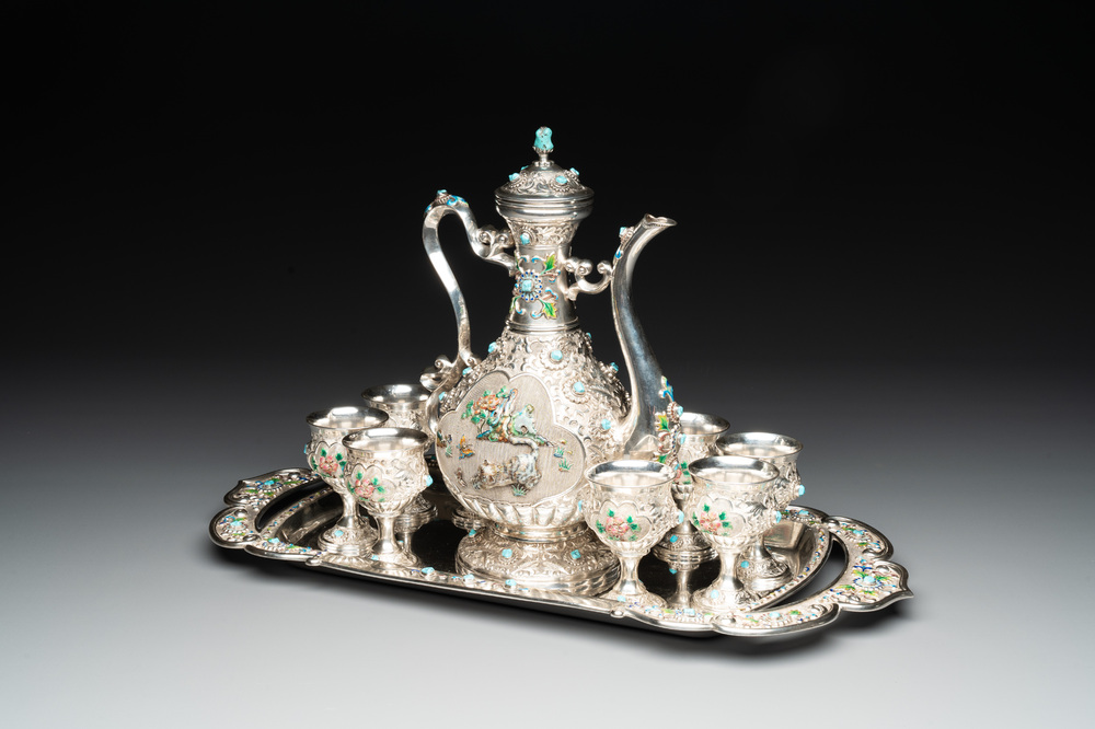 A rare Chinese silver, enamel and hardstone coffee set with matching tray, 20th C.