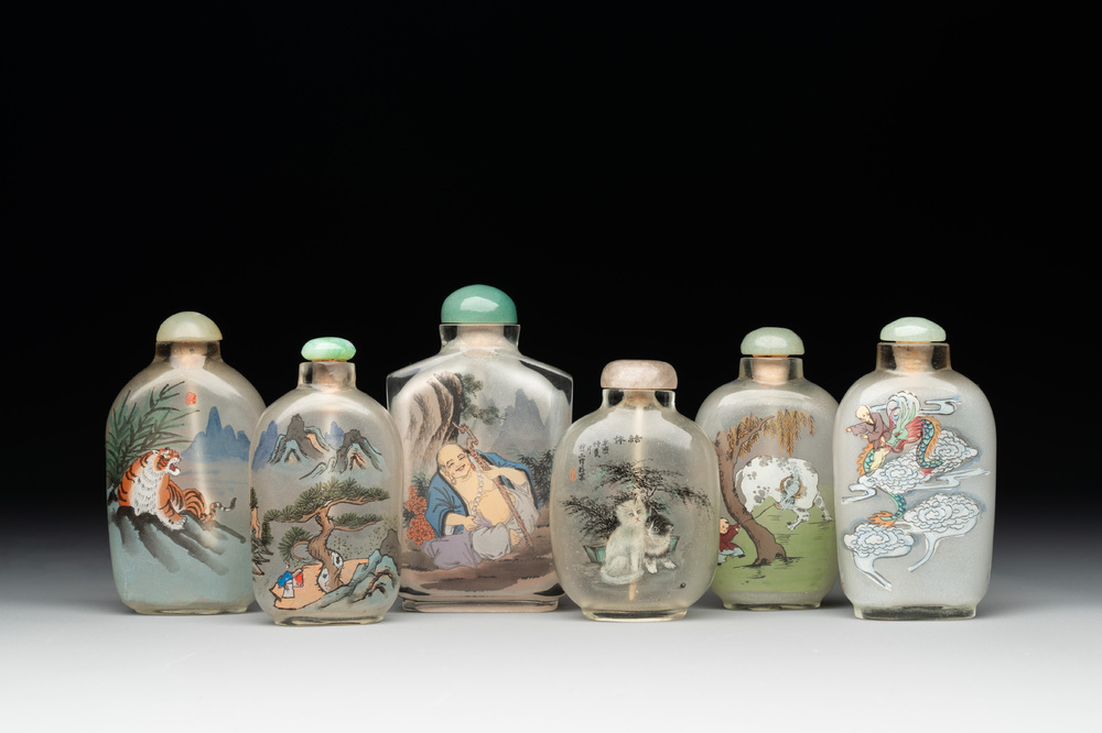 Six Chinese inside-painted glass snuff bottles, 20th C.