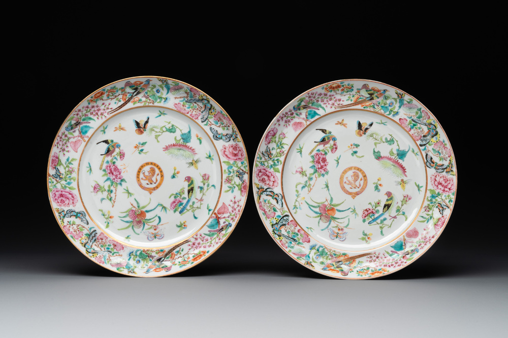 A pair of Chinese Canton famille rose armorial dishes with the arms of Moffat for the English market, 19th C.