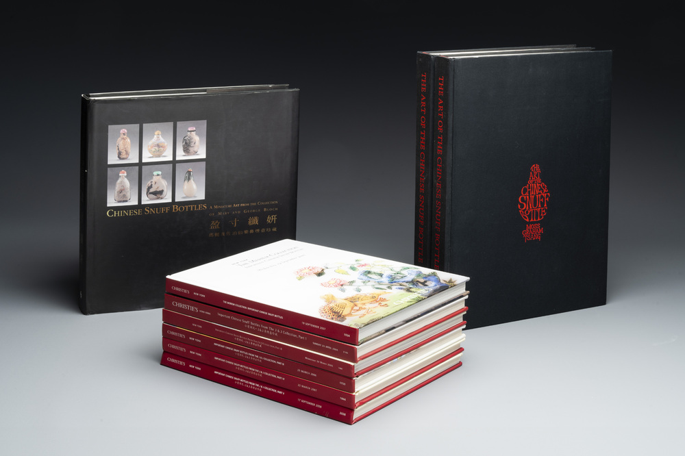 Three snuff bottle-themed books and six auction catalogues, incl. Christie's five-part J &amp; J Collection Sale (2004-2008)