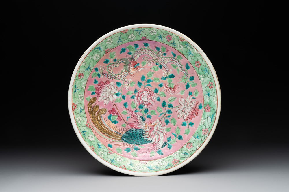 A Chinese famille rose 'dragon and phoenix' dish for the Straits or Peranakan market, 19th C.