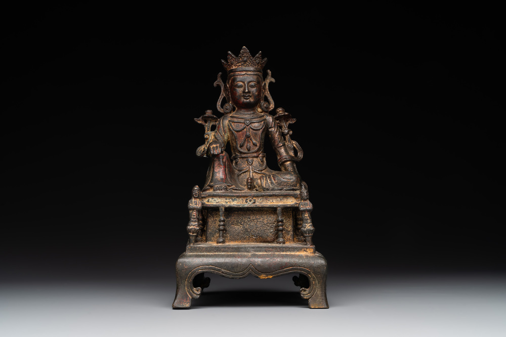 A Chinese bronze Bodhisattva on stand, Yongle mark, dated 1422