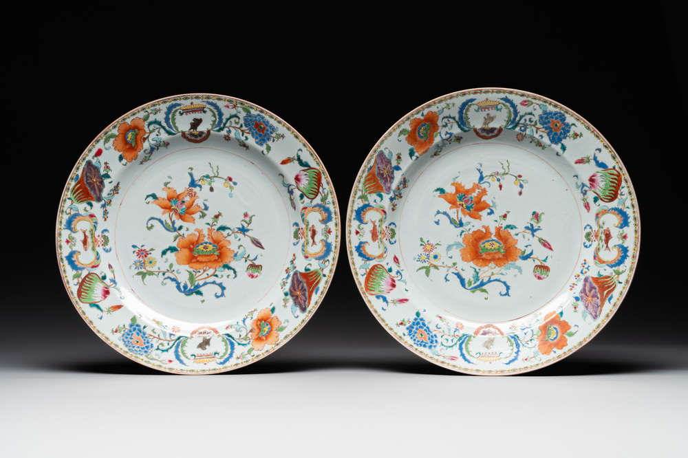 A pair of large Chinese famille rose 'Madame de Pompadour' dishes, Qianlong, ca. 1745