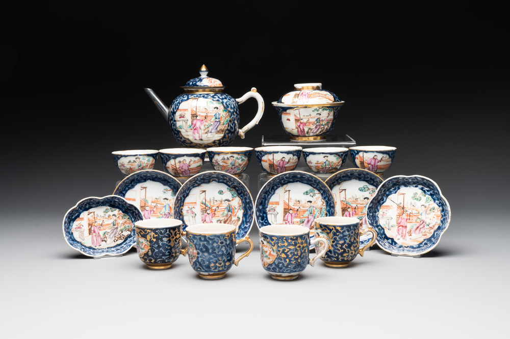 A Chinese Canton famille rose 18-piece 'mandarin subject' tea service, Qianlong