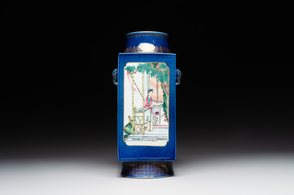 A rare Chinese gilt-decorated powder-blue-ground famille rose 'cong' vase, Yongzheng mark, 20th C.