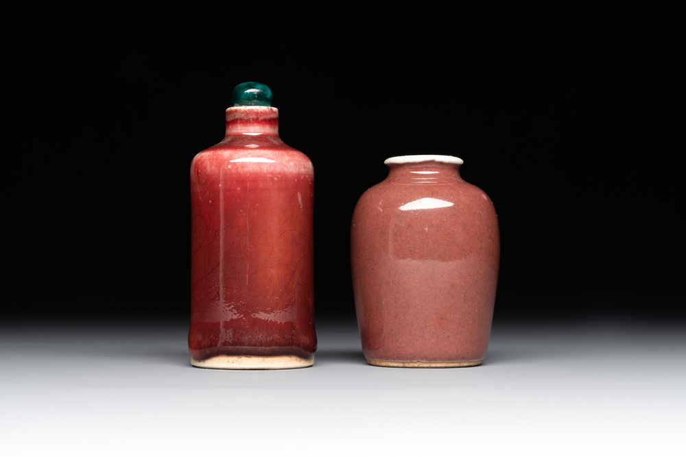 Two Chinese copper-red-glazed snuff bottles, Kangxi mark, 19th C.