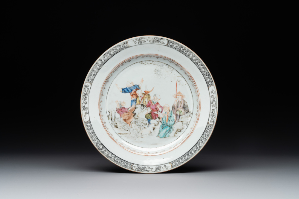 A Chinese rose-grisaille plate with Luohan, a dragon and a tiger, Yongzheng/Qianlong