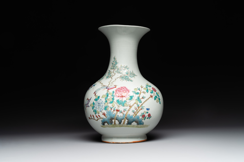 A Chinese famille rose vase with birds among blossoming branches, Republic