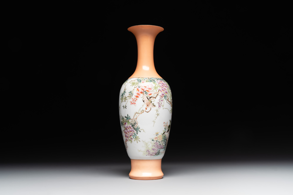 A Chinese famille rose 'birds and flowers' vase, signed Deng Xiaoyu 鄧肖禹, dated 1961