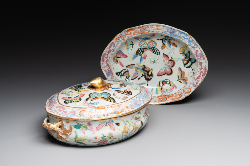 A rare Chinese Canton famille rose '100 butterflies' tureen and cover on stand, 19th C.