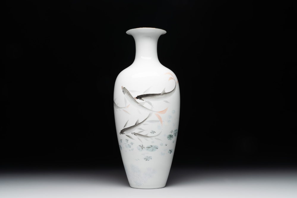 A Chinese eggshell polychrome 'fish' vase, Jing De Zhen Zhi 景德鎮製 mark, dated 1981