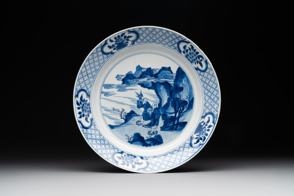 A Chinese blue and white 'Hehe Erxian' dish, Jiajing mark, Kangxi