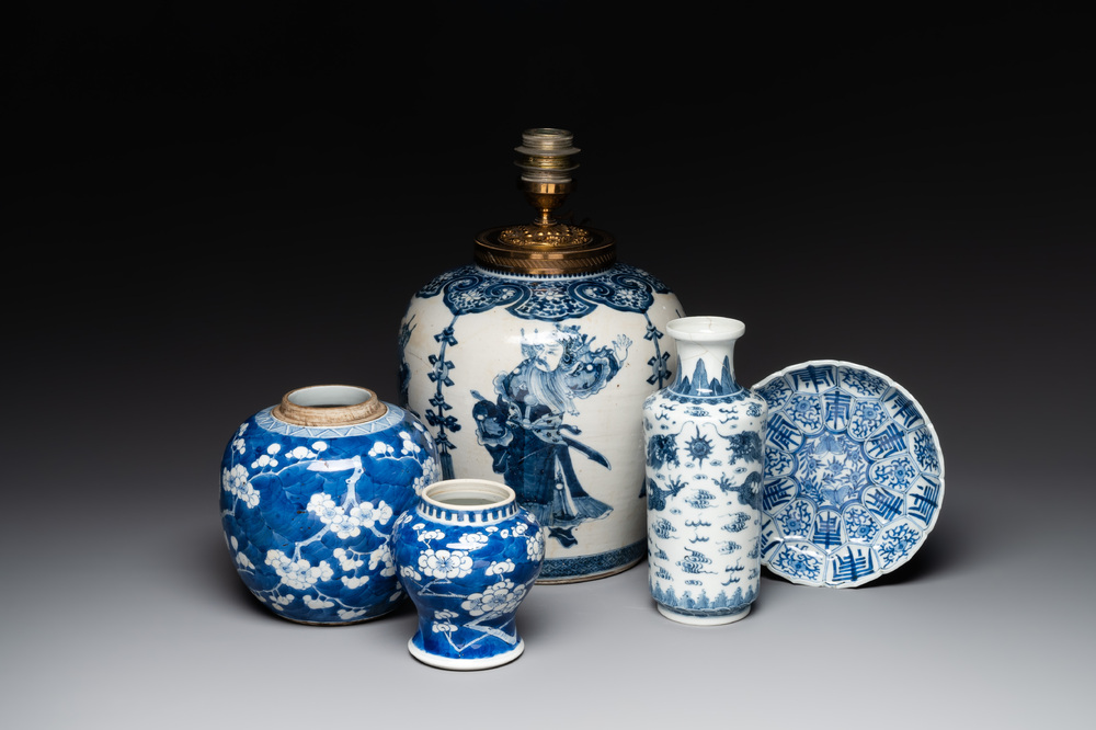 A Chinese blue and white 'dragon' vase, one jar mounted as lamp, two jars and a plate, Chenghua mark, 19th C.