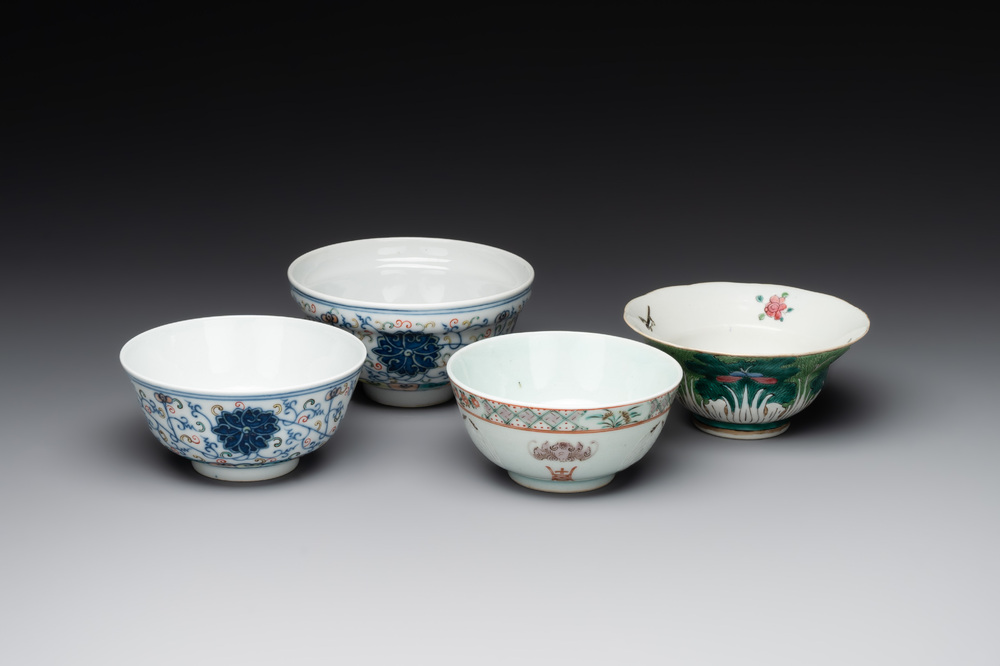 Two Chinese blue, white and famille rose bowls and two famille rose bowls, Guangxu and Shen De Tang mark, 19th C.