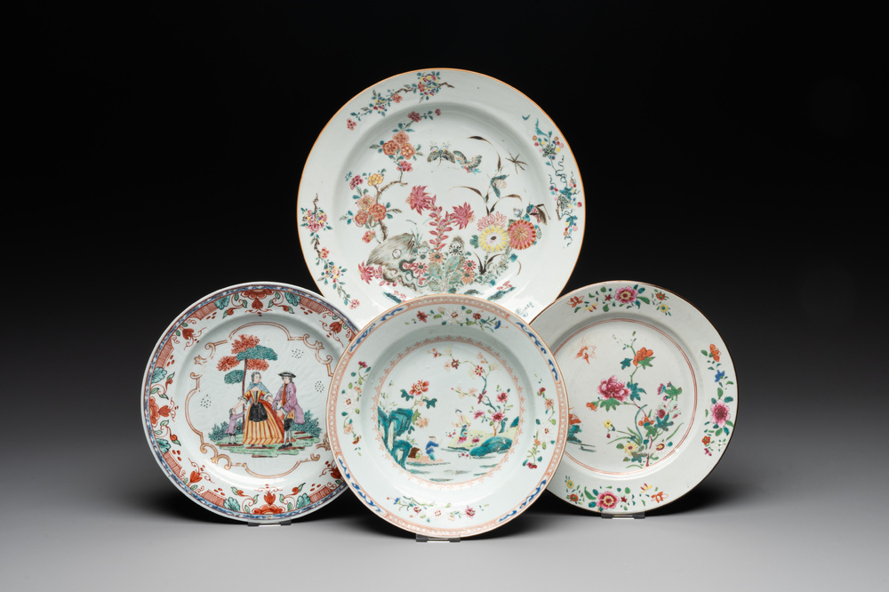 A Chinese famille rose dish, two plates and a Dutch-decorated plate, Qianlong
