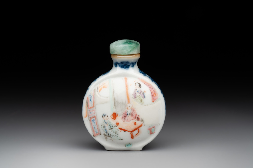 A Chinese famille rose snuff bottle with jadeite stopper, Jiaqing mark and of the period