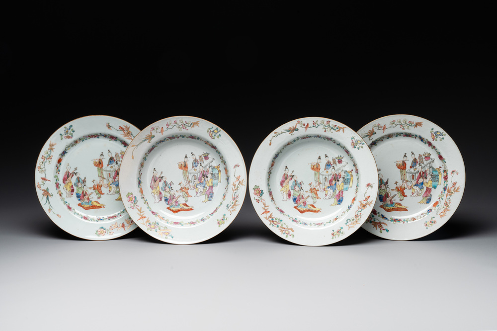 Four Chinese famille rose 'ladies playing music with children' plates, Qianlong