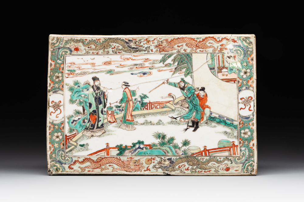 A rectangular Chinese famille verte tile with two-sided design, Kangxi