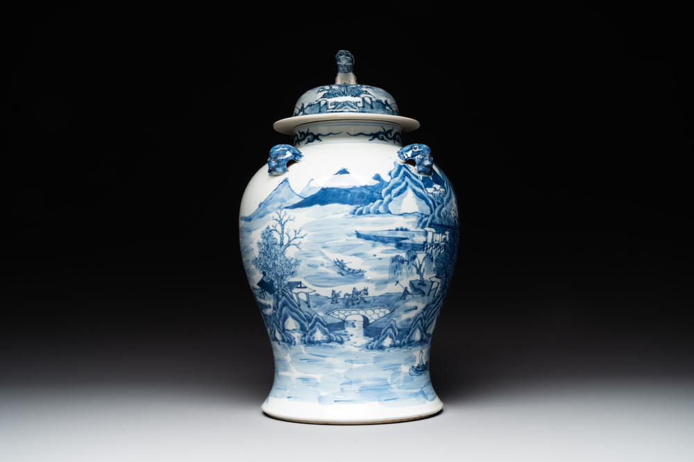 A Chinese blue and white 'landscape' vase and cover, Chenghua mark, 19th C.