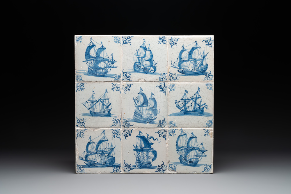 A fine set of 9 blue and white Dutch Delft tiles with ships, 17th C.