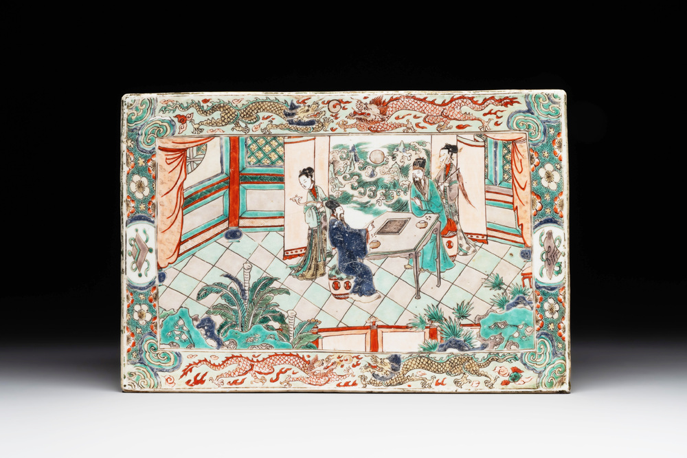 A rectangular Chinese famille verte tile with two-sided design, Kangxi