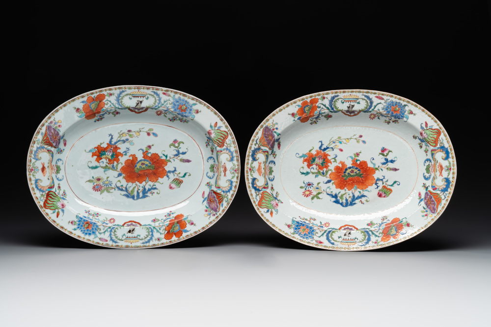 A pair of large oval Chinese famille rose 'Madame de Pompadour' dishes, Qianlong, ca. 1745