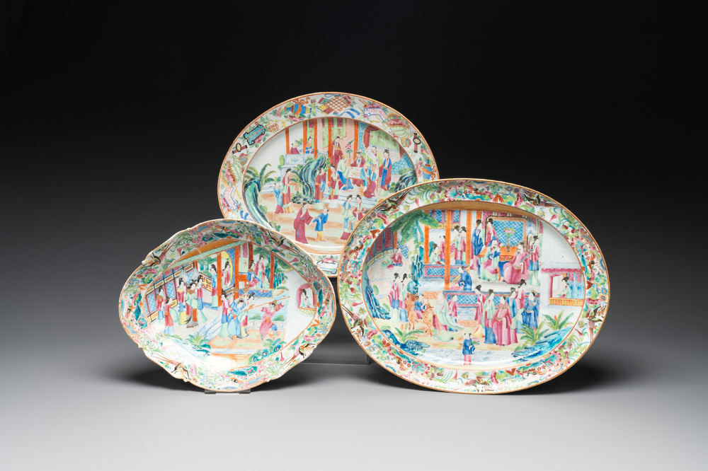 Two Chinese Canton famille rose dishes and a tazza, 19th C.