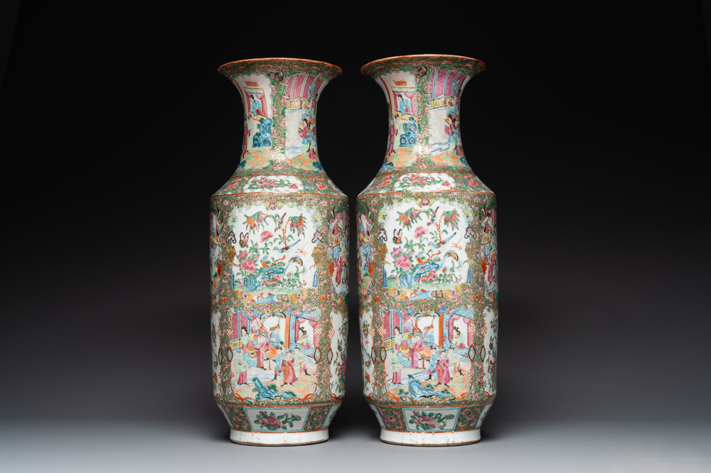 A pair of Chinese Canton famille rose vases with figures, flowers and insects, 19th C.