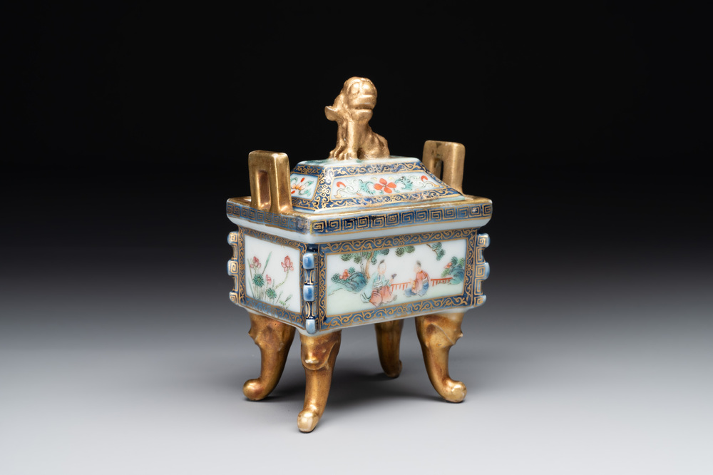 A fine Chinese gilt-decorated blue, white and famille rose covered censer, Qianlong