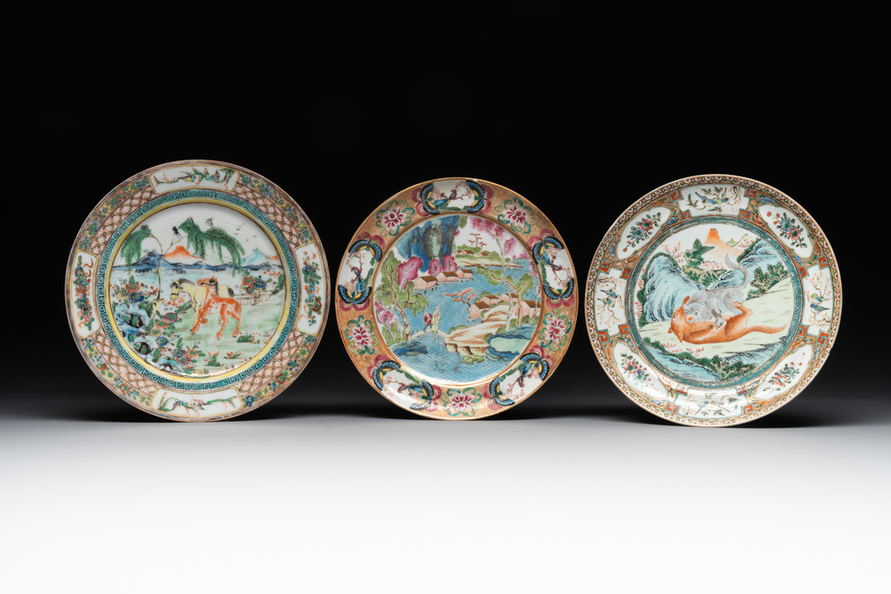 Three unusual Chinese Canton famille rose plates, 19th C.